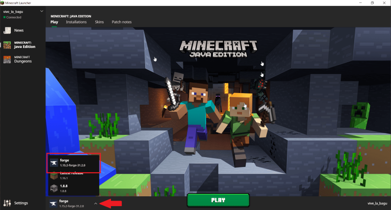 Выбор версии Forge или Fabric в лаунчере Minecraft