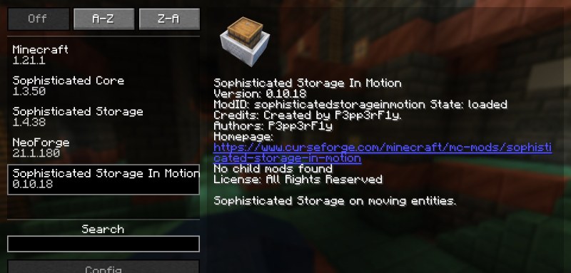 Мод Sophisticated Storage in Motion 26.2/1.21.11 (Транспорт и хранение) | 1-07-2026, 16:28 - Моды для Minecraft / Сундуки и рюкзаки / 1.20.1 / 1.21.1 / 1.21.4 / 1.21.5 / 1.21.8 / 1.21.10 / 1.21.11 / 26.1 / 26.1.1 / 26.1.2 / 26.2
