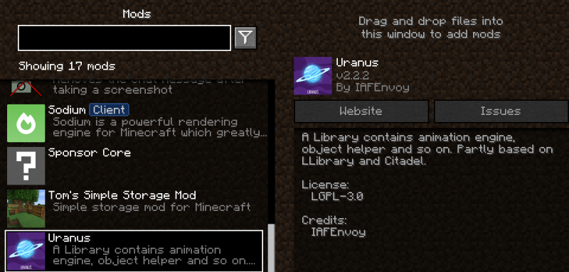 Мод Uranus 26.1.2/1.21.1 (Утилиты и анимации) | 20-08-2026, 17:55 - Моды для Minecraft / Инструменты / Ядра (Библиотеки) / 1.20.1 / 1.20.4 / 1.21.1 / 26.1.2